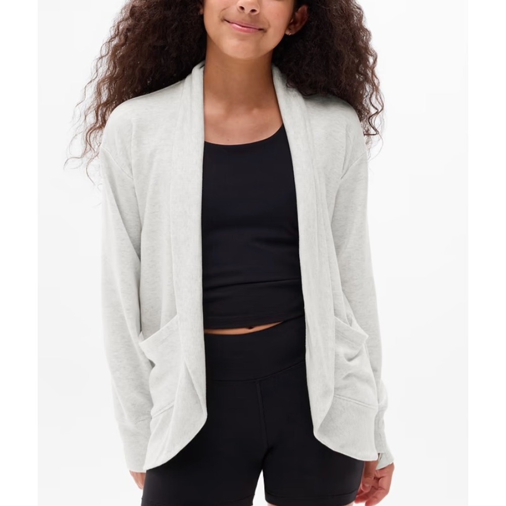 Athleta Girl Gray Open Front Cardigan L 12 Thumbhole Pockets Modal Blend Sweater
